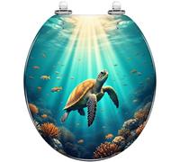 Asiento de inodoro redondo decorativo con diseño de tortuga marina iluminada por el sol, peces tropicales, vida marina, cierre silencioso, bisagras de liberación rápida con tapa, fácil de limpiar