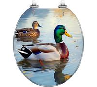 Asiento de inodoro redondo decorativo con tapa, par de patos de Mallard nadando aguas serenas, resina colorida, cierre silencioso, bisagras de liberación rápida, fácil de limpiar e instalar