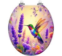 Asiento de Inodoro Redondo Decorativo de Resina con Estampado Floral de colibríes y Mariposas en Tonos Lavanda bisagras de Cierre Suave y liberación rápida fácil de Limpiar e Instalar par