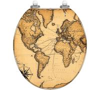 Asiento de inodoro redondo decorativo de resina con mapa del mundo vintage, cierre suave, bisagras de liberación rápida, fácil de limpiar e instalar.