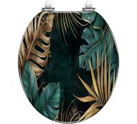 Asiento de Inodoro Redondo Decorativo diseño artístico de Hojas de Palma en mármol Dorado Negro y Blanco Tapa de Inodoro de Resina con bisagras de liberación rápida fácil de Instalar par