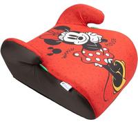 Asiento trasero de coche Disney Minnie Mouse i-Size ECE R129. Elevador de seguridad para niños con una altura de 125 a 150 cm. Asiento para niños sobre fondo rojo con gráficos de Rise with Minnie.