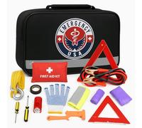 Asistencia en carretera AUTO Kit de emergencia + botiquín de primeros auxilios Jumper Cables, cuerda de remolque, luz de flash LED, impermeable, medidor de presión de neumáticos, chaleco de seguridad
