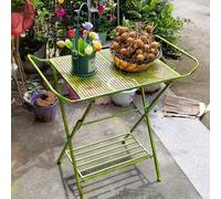 Asiwnshw Mesa Auxiliar de Patio Vintage, Mesa de bistró para Exteriores, Mesa de Centro Plegable de Doble Capa, Mesa Auxiliar de Metal para Todo Tipo de Clima, Soporte para Plantas