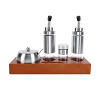 Asixxsix Juego de Dispensador de Condimentos de Acero Inoxidable con Base de Madera, Juego de Botellas Multifuncionales para Aceite y Vinagre, Tarro de Condimentos para Sal y Azúcar