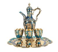 Asixxsix Juego de té turco,kit de vinoteca metálica estilo europeo,cafetera turca vintage con 6 tazas y vinoteca para decoración del hogar,cumpleaños y bodas,juego de tetera vintage (azul dorado)