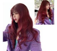 Asixxsix Peluca Rizada Larga Ondulada de Color Rojo Vino de Moda con Flequillo de Aire Red de Hebilla Ajustable Cómoda para Fiesta de Rendimiento Material de Fibra de Hilo de Alta Temperatura