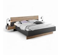 ASKA - Cama Doble con cómoda de Noche, diseño de Roble, Color Grafito | 285 x 95 x 205 cm (ancho x alto x profundidad), cama de 180 x 200 cm, 2 consolas nocturnas con un cajón, dormitorio