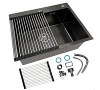 ASKLFNEI 55x45cm Fregadero De Cocina, Negro Fregadero De Acero Inoxidable De Un Solo Tazón, Fregadero De Cuadrado De Un Antiobstrucción Profundo De Montaje Superior Con Accesorios