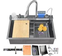 ASKLFNEI Fregadero de cocina de 85 x 50 cm, color gris negro, con grifo extraíble, fregadero de tazas, desagüe, fregadero grande de cocina, fregadero de cascada individual, fregadero de granja