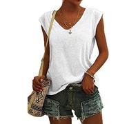 ASKSA Camiseta de manga larga para mujer, con cuello en V, color sólido, camiseta informal, suelta, camiseta básica, Blanco, L