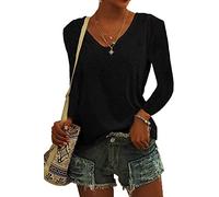 ASKSA Camiseta de manga larga para mujer, con cuello en V, color sólido, camiseta informal, suelta, camiseta básica, X-negro., L