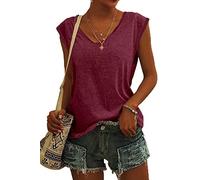 ASKSA Camiseta de manga larga para mujer, con cuello en V, color sólido, camiseta informal, suelta, camiseta básica, borgoña, M