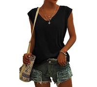ASKSA Camiseta de manga larga para mujer, con cuello en V, color sólido, camiseta informal, suelta, camiseta básica, Negro , S