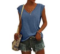 ASKSA Camiseta de manga larga para mujer, con cuello en V, color sólido, camiseta informal, suelta, camiseta básica, azul, M