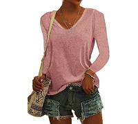 ASKSA Mujer Camiseta de Manga Larga con Cuello en V Sueltas Casuales Elegantes Básica Túnicas para Blusa (Rosa,L)