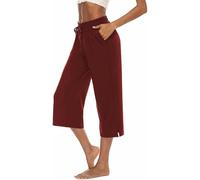 ASKSA Mujer Pantalon 3/4 Capri Anchas Pierna Palazzo Verano Casual Sólido Suelto Yoga Elástico Cintura con Bolsillos(Rojo Vino,XL)