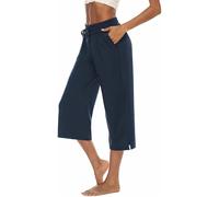 ASKSA Mujer Pantalon 3/4 Capri Anchas Pierna Palazzo Verano Casual Sólido Suelto Yoga Elástico Cintura con Bolsillos(Azul Marino,XXL)