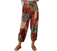 ASKSA Mujer Pantalones 7/8 Verano Algodón Lino Anchos Cordón Casual Cintura Elástica Cómodos Cintura Ligeros