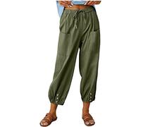 ASKSA Mujer Pantalones 7/8 Verano Algodón Lino Anchos Cordón Casual Cintura Elástica Cómodos Cintura Ligeros (Verde,3XL)