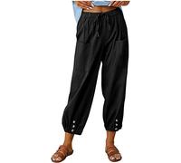 ASKSA Mujer Pantalones 7/8 Verano Algodón Lino Anchos Cordón Casual Cintura Elástica Cómodos Cintura Ligeros