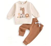 Asmea Conjunto Cumpleaños 1 Año Niño Ropa Bebe 1 Año Niño Regalo Bebe One Year Old Boy Outfit Camiseta de Manga Larga con Estampado Animal + Pantalón 12-18 Meses Marrón