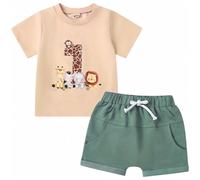 Asmea Conjunto Cumpleaños 1 Año Niño Ropa Bebe 1 Año Niño Regalo Bebe One Year Old Boy Outfit Camiseta de Manga Corta con Estampado Animal + Pantalón 12-18 Meses Beis