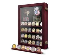 ASmileIndeep Vitrina de monedas de desafío militar, 6 filas, soporte de monedas de madera con vidrio templado HD con cerradura, caja de pared con estantes extraíbles, color rojo