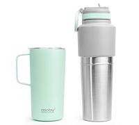 Asobu Paquete de 2 botellas de agua aisladas con tapa con popote y taza de café aislada de acero inoxidable de 591 ml (menta)
