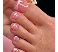 ASOMI 24 uñas de verano rosa para dedos de los pies para mujer, punta de dedo del pie con herramienta de pegamento de gelatina y pegamento, diseño francés brillante