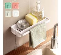 Asonen Soporte Blanco para Esponjas con 4 Ganchos para Organizador de Fregadero sin Taladro, Estante de Pared para Organización de Cocina con Bandeja de Goteo para Almacenamiento.