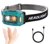 ASORT Linterna frontal LED recargable, superbrillante, 500 lúmenes, IP67, resistente al agua, multifuncional, linterna frontal con 6 modos de luz, sensor y luz roja, muy brillante para camping, pesca,