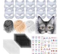 ASOUUNLD 10 Piezas Máscaras de Gato, Máscara Therian Mascara de Gato Papel Blanco Bricolaje Máscara Pintada a Mano Personalidad con 3 Pegatinas de Piel, 20 Malla y 2 Diamantes para Carnaval, Cosplay