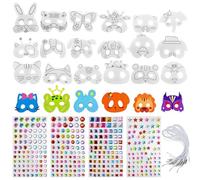 ASOUUNLD 24 Piezas Mascaras de Animales para Niños, Caretas Animales Blancas Sin Colorear Máscaras de Fiesta de Cumpleaños con 18 Lápices, 24 Gomas Elásticas y 4 Hojas de Pegatinas