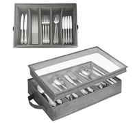 ASOUUNLD Organizador de Cubiertos para Cajon con Tapa, Cuberteros para Cajon Cocina con Divisores Ajustables Caja de Almacenamiento de Cubiertos para Cocinas de Camping, Vacaciones y Viajes