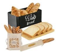 ASOUUNLD Panera para Pan, Caja de Pan de Metal Negro Panera de Metal con Tapa de Tabla de Cortar de Bambú Paneras Diseño Vintage con 2 Bolsa Pan para Una Larga Frescura (33x18.5x13.7cm)