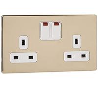 Aspect 13 AMP 2 Gang DP Dual Earth Latón Pulido Interruptor Enchufe con Indicador de Neón e Inserción Blanco