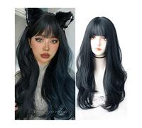 Aspecto natural, Peluca negra larga con flequillo, pelucas de cabello natural for mujer, peluca ondulada rizada, peluca sintética suave resistente al calor for uso diario en fiestas,Estilo impecable