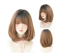 Aspecto natural, Peluca Pelucas cortas naturales negras Pelucas rectas con flequillo Cabello sintético rosa marrón for mujeres Cosplay diario Peluca resistente al calor,Estilo impecable(15.7inch 40cm