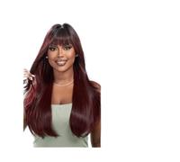 Aspecto natural, Pelucas sintéticas largas de color rojo vino, pelos ondulados naturales con flequillo, peluca de raíz profunda marrón rojizo, pelo de fiesta resistente al calor for mujer,Estilo impe