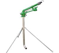 Aspersor de base de trípode de metal resistente, rotación de 360° y rango de 22-55 m, ideal para riego de grandes áreas en granjas y huertos