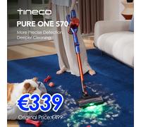 Tineco Pure One S70 Aspiradora, 200AW, Luz LED, Sistema de Limpieza 3DSense Pro, Filtro de 6 Niveles, hasta 95 Min de Autonomía, Cepillo ZeroTangle, Aspiradora de Mano Inteligente Sin Cable