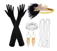 ASTARON 1920s Flapper Accesorios Set para Mujer Flapper Headpiece Diadema, Fashion Roaring 20's Theme Set Incluye Diadema de Plumas Tocado Largo Guantes Negros