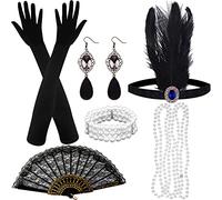 ASTARON 1920s Flapper Juego de accesorios, Fashion Roaring 20's Theme Set que incluye diadema de plumas Tocado Guantes negros largos Collar Pendientes