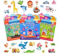 ASTARON 3 Pack Libro de Pegatinas Reutilizables, lindas pegatinas impermeables de dinosaurios, animales y vehículos, juguetes de viaje portátiles y juguetes educativos de aprendizaje sensorial