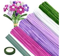ASTARON 521 limpiapipas para manualidades, tallos de chenilla pastel de 5 colores para manualidades, kit para hacer flores con alambres florales y cinta de jardinería (serie púrpura)