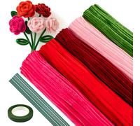 ASTARON 521 limpiapipas para manualidades, tallos de chenilla pastel de 5 colores para manualidades, kit para hacer flores con alambres florales y cinta de jardinería (rojo) Serie Rosa)