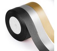 ASTARON Cinta de satén para manualidades de 2.5 cm, color negro y dorado, ideal para envolver regalos, ramos, lazos para el pelo, cumpleaños, graduación, fiestas de fin de año, etc.