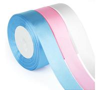 ASTARON Cinta de satén para manualidades de 2.5 cm, color rosa y azul, ideal para envolver regalos, ramos, lazos para el pelo, cumpleaños, bodas, baby showers, fiestas de revelación de género.