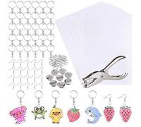 ASTARON Kit de 181 piezas de plástico termocontraíble, 20 hojas de película retráctil, papel de arte, perforadora, 160 piezas de ganchos para orejas, broches y llaveros que hacen accesorios